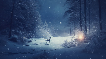A big deer in an enchanted forest. graceful wildlife. Generative AI. Illustration for brochure, cover, poster, presentation or banner.の素材