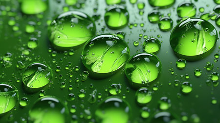 Beautiful drops morning girl in nature. Drops of clean transparent water on leaves. Image in green tones. natural background. Generative AI. Illustration for banner, poster, cover or presentation.の素材