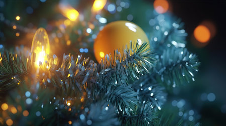 Glossy glass christmas christmastree ball hanging from top upright. Christmas tree branches with ornaments. Generative AI. Illustration for banner, poster, cover, brochure, card or presentation.の素材