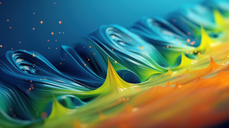 3D colorful paint background. Liquid artwork with flows and splashes. Mixed paints with gradient vivid colors. Generative AI. Illustration for banner, poster, cover, brochure or presentation.の素材