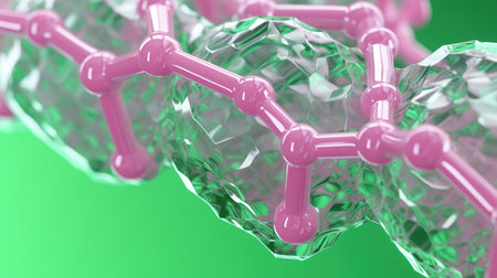 Green crystals are entangled in chemical bonds. scientific concept. Generative AI. Illustration for banner, poster, cover, brochure or presentation.の素材