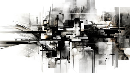 Contemporary abstract geometric art of buildings. Black and white graphic. town. Generative AI. Illustration for banner, poster, cover, brochure or presentation.の素材