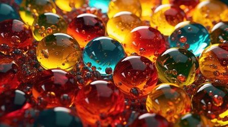 Various glass marbles. Abstract crystalline balls of hydrogel for the background. Beads. Generative AI. Illustration for brochure, cover, poster, presentation or banner.の素材