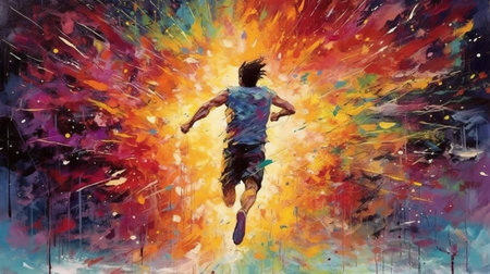 running man. Design for sport. Emblem for marathon and jogging. Generative AI. Illustration for banner, poster, cover, brochure or presentation.の素材