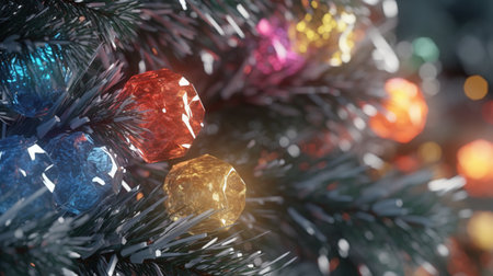 Glossy glass christmas christmastree ball hanging from top upright. Christmas tree branches with ornaments. Generative AI. Illustration for banner, poster, cover, brochure, card or presentation.の素材