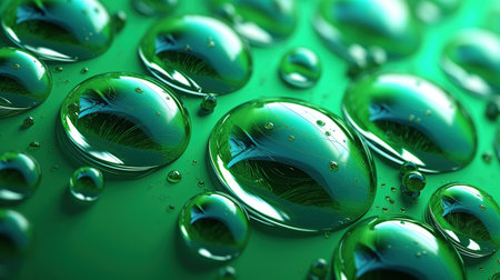 Beautiful drops morning girl in nature. Drops of clean transparent water on leaves. Image in green tones. natural background. Generative AI. Illustration for banner, poster, cover or presentation.の素材