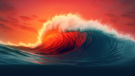 A big breaking ocean wave with white foam. Tropical sunset background. Sunset. Generative AI. Illustration for banner, poster, cover, brochure or presentation.の素材