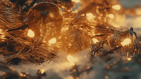 Realistic glowing garland for your design. christmas lights. X-mas, New Year or Birthday decor. party event decoration. Generative AI. Illustration for poster, cover, card or presentation.の素材