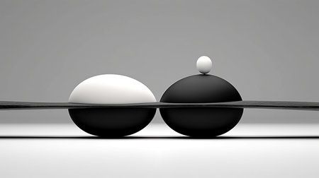 Composition from natural black and white stones on the same level. Balance or harmony concept. decorative art. Pebbles. Generative AI. Illustration for banner, poster, cover, brochure or presentation.の素材