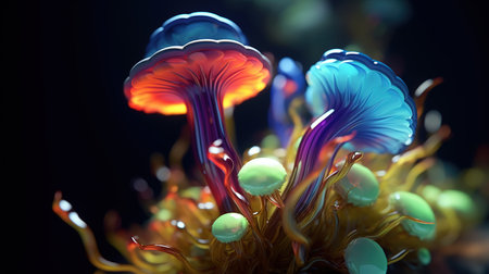 Magical mysterious mushrooms. Growing microorganisms. Generative AI. Illustration for banner, poster, cover, brochure or presentation.の素材
