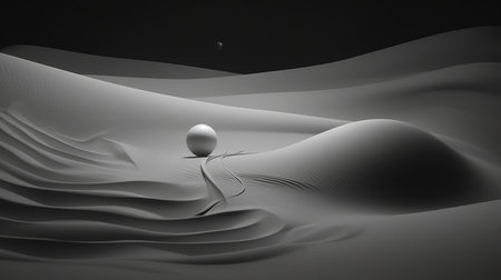 Surreal desert landscape with a sphere in the middle. Abstract modern background. Generative AI. Illustration for banner, poster, cover, brochure or presentation.の素材