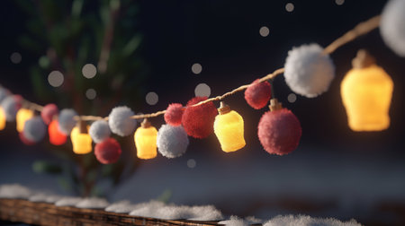 Realistic glowing garland for your design. christmas lights. X-mas, New Year or Birthday decor. party event decoration. Generative AI. Illustration for poster, cover, card or presentation.の素材