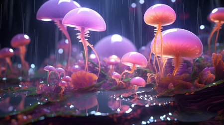 Magical mysterious mushrooms. Growing microorganisms. Generative AI. Illustration for banner, poster, cover, brochure or presentation.の素材