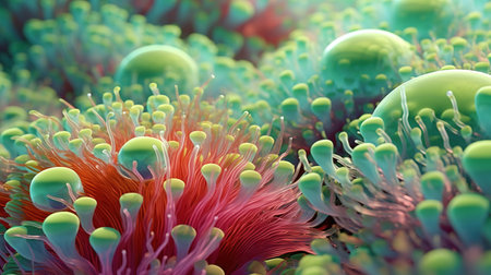 Fantastic abstract alien organic tissue. microbiology research. Generative AI. Illustration for banner, poster, cover, brochure or presentation.の素材