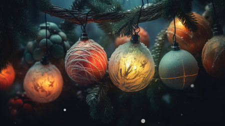 Glossy glass christmas christmastree ball hanging from top upright. Christmas tree branches with ornaments. Generative AI. Illustration for banner, poster, cover, brochure, card or presentation.の素材
