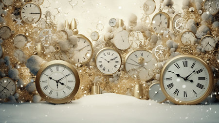 Watch showing different time. Many clocks filling background. Xmas greeting card design. Generative AI. Illustration for banner, poster, cover, postcard, brochure or presentation.の素材