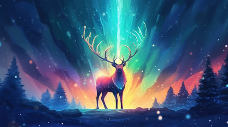 A big deer against the background of a northern lights in a spruce forest. Spiritual animal awakening concept. Generative AI. Illustration for banner, poster, cover, brochure or presentation.の素材