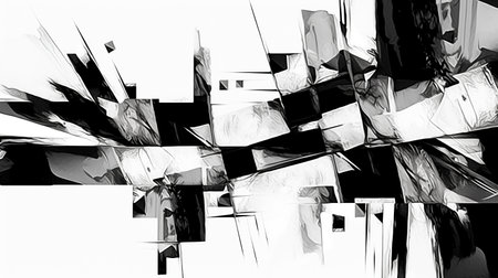 Contemporary abstract geometric art of buildings. Black and white graphic. town. Generative AI. Illustration for banner, poster, cover, brochure or presentation.の素材