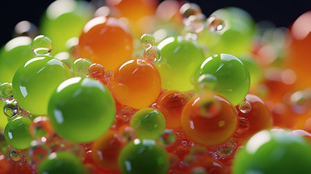 Various glass marbles. Abstract crystalline balls of hydrogel for the background. Beads. Generative AI. Illustration for brochure, cover, poster, presentation or banner.の素材
