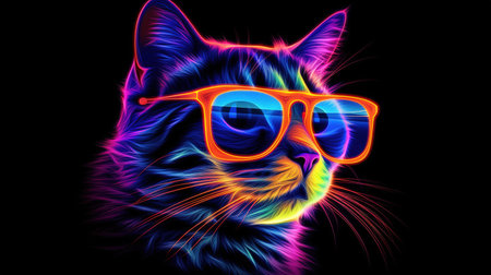 Stylish cat in trendy glasses in futuristic style and neon colors. Generative AI illustration. Printable design for t-shirts, mugs, cases, etc.の素材