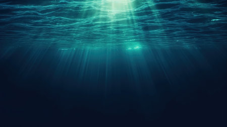 Dark blue ocean surface seen from underwater. Illustration of sun rays under water. Generative AI for banner, poster, cover, brochure or presentation.の素材
