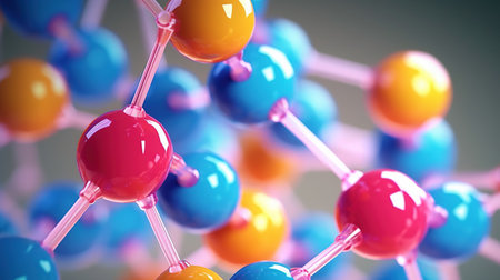 Complex molecular structure with spherical particles. Futuristic technology style. Generative AI. Illustration for banner, poster, cover, brochure or presentation.の素材