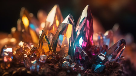 Crystals with druze. Generative AI. Illustration for banner, poster, cover, brochure or presentation.の素材