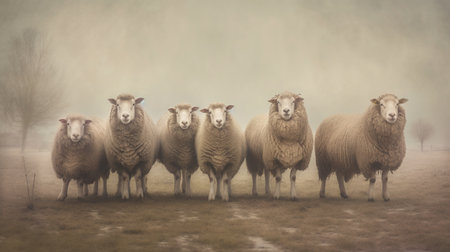 Six sheep lined up in a field on a misty day. farming industry. Group of lambs in nature environment. Generative AI. Illustration for banner, poster, cover, brochure or presentation.の素材