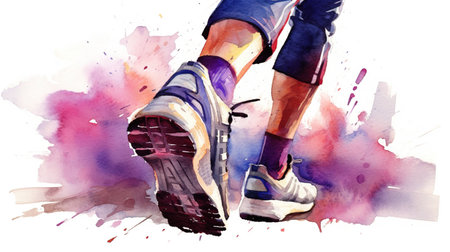 Close up view of runner sport shoes. Marathon runner. Feet in running sneaker shoes. people activity. Generative AI. Illustration for print, poster, cover or brochure.の素材