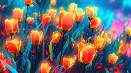 Landscape with blooming tulips. fresh spring flowers. Generative AI. Illustration for banner, card, postcard, poster, cover or presentation.の素材