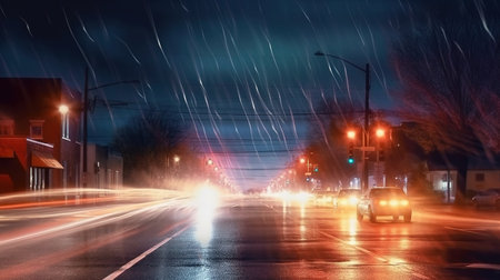 Car riding on a city road at night. Generative AI. Illustration for banner, poster, cover or presentation.の素材