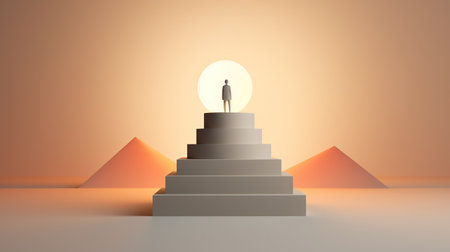 The man has been successful and is now resting on top of the pyramid. business metaphor. Generative AI. Illustration for banner, poster, cover, brochure or presentation.の素材