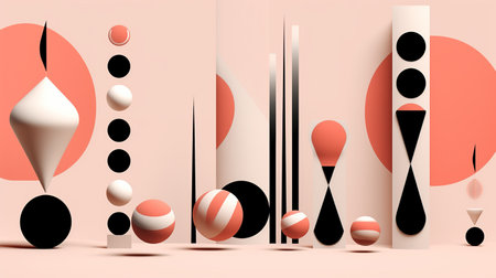 Geometric art installation with a spheres. Creative and playful space that stimulates productivity with colorful accents. Generative AI. Illustration for brochure, poster, presentation or banner.の素材