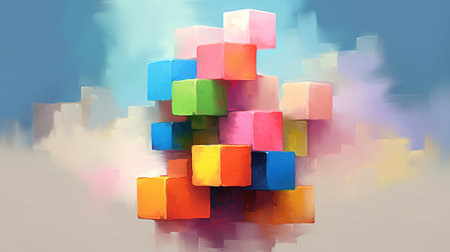Abstract geometric art with blocks. Background for something creative, rising or growing. Generative AI. Illustration for banner, poster, cover, brochure or presentation.の素材