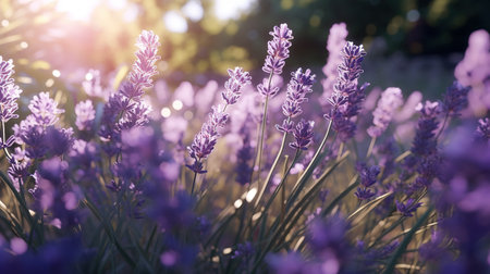 Lavender flower field background. Glade with purple flowers and green grass. Generative AI. Illustration for banner, poster, cover, card or presentation.の素材