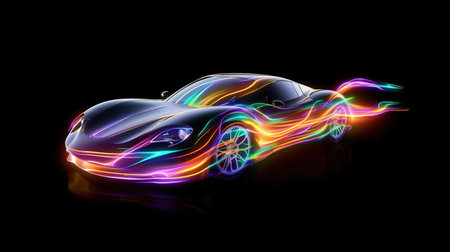 Neon glowing sport car on a night road. Generative AI. Illustration for banner, poster, cover or presentation.の素材