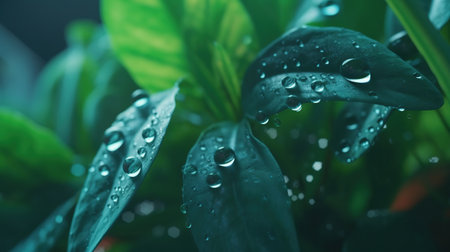 Green leaves with raindrops. nature background. Generative AI. Illustration for cover, card, postcard, banner, poster, brochure or presentation.の素材
