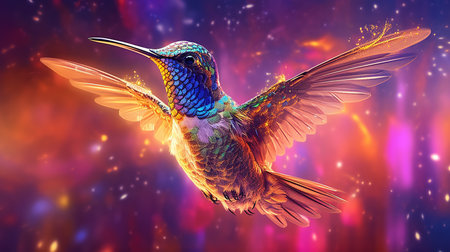 Hummingbird in flight. Colibri bird in space. Generative AI. Illustration for banner, poster, cover or presentation.の素材