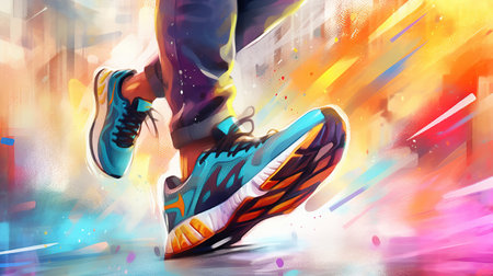 Close up view of runner sport shoes. Marathon runner. Feet in running sneaker shoes. people activity. Generative AI. Illustration for print, poster, cover or brochure.の素材