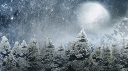 Snow covered pine trees with a full moon in the sky and snow falling. Forest taiga on a moonlit night. Snowstorm and blizzard. Generative AI. Illustration for cover, card, brochure or presentation.の素材