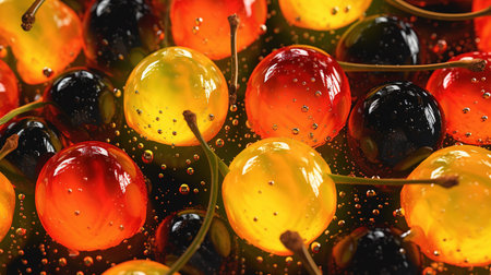 Fresh red and yellow cherries. Food ecology and agriculture. Fruit background with berries. Generative AI. Illustration for banner, poster, cover or presentation.の素材
