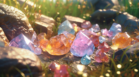 Colorful assorted crystals set. Crystalline gemstone. Semiprecious stones collection. Generative AI. Illustration for brochure, cover, poster, presentation or banner.の素材