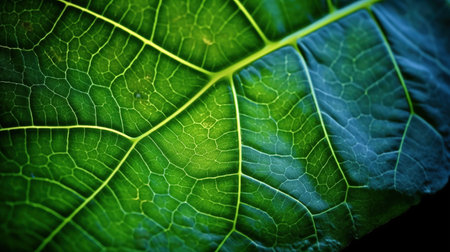 Texture of a green leaf close-up. beautiful nature backdrop. Generative AI. Illustration for brochure, poster, cover, presentation or banner.の素材