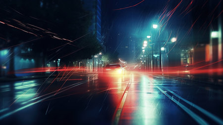 Car riding on a city road at night. Generative AI. Illustration for banner, poster, cover or presentation.の素材