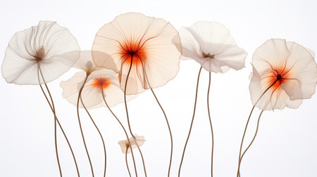 Art background with transparent x-ray flowers. blooming flowers. Beautiful floral backdrop. Generative AI. Illustration for cover, card, postcard, interior design, packaging, invitations or print.の素材
