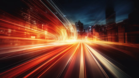 Road with light trails of passing vehicles. Motion speed light in the city. dynamic background. Town at night with speed traffic. Generative AI. Illustration for banner, poster, cover or presentation.の素材
