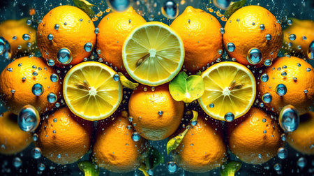 Lemon whole and sliced fruits with leaves. close-up view. fruit backdrop. Generative AI. Illustration for banner, poster, cover or presentation.の素材