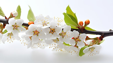 Realistic fruit tree branch with spring flowers. Beautiful flowering apple tree in spring day. Generative AI. Illustration for cover, card, postcard, brochure, advertising or presentation.の素材