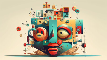 A surreal asymmetrical head created from different objects. 3d geometric art composition. futuristic world. State of consciousness. Generative AI. Illustration for cover, brochure or presentation.の素材