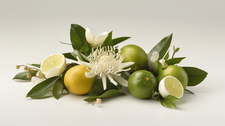 Many fresh lemon and lime fruit with green leaves and flower. Fruit backdrop. Generative AI. Illustration for cover, card, postcard, brochur, advertising or presentation.の素材
